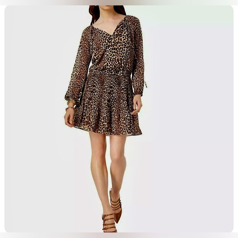MK Michael Kors Georgette Leopard Animal Print Mini Dress Sz M Summer Date Night